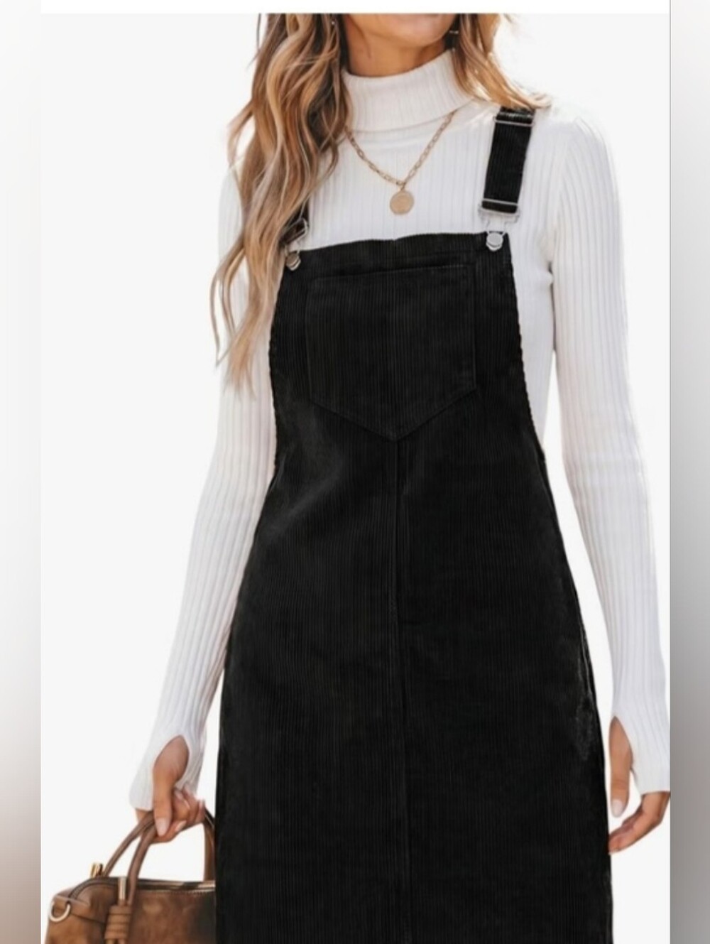 Black Corduroy Overall Pinafore Mini Dress Adjustable Straps Size XL
